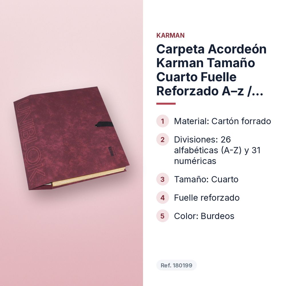 CARPETA ACORDEÓN KARMAN TAMAÑO CUARTO FUELLE REFORZADO A–Z / 1–31 (BURDEOS) - características principales