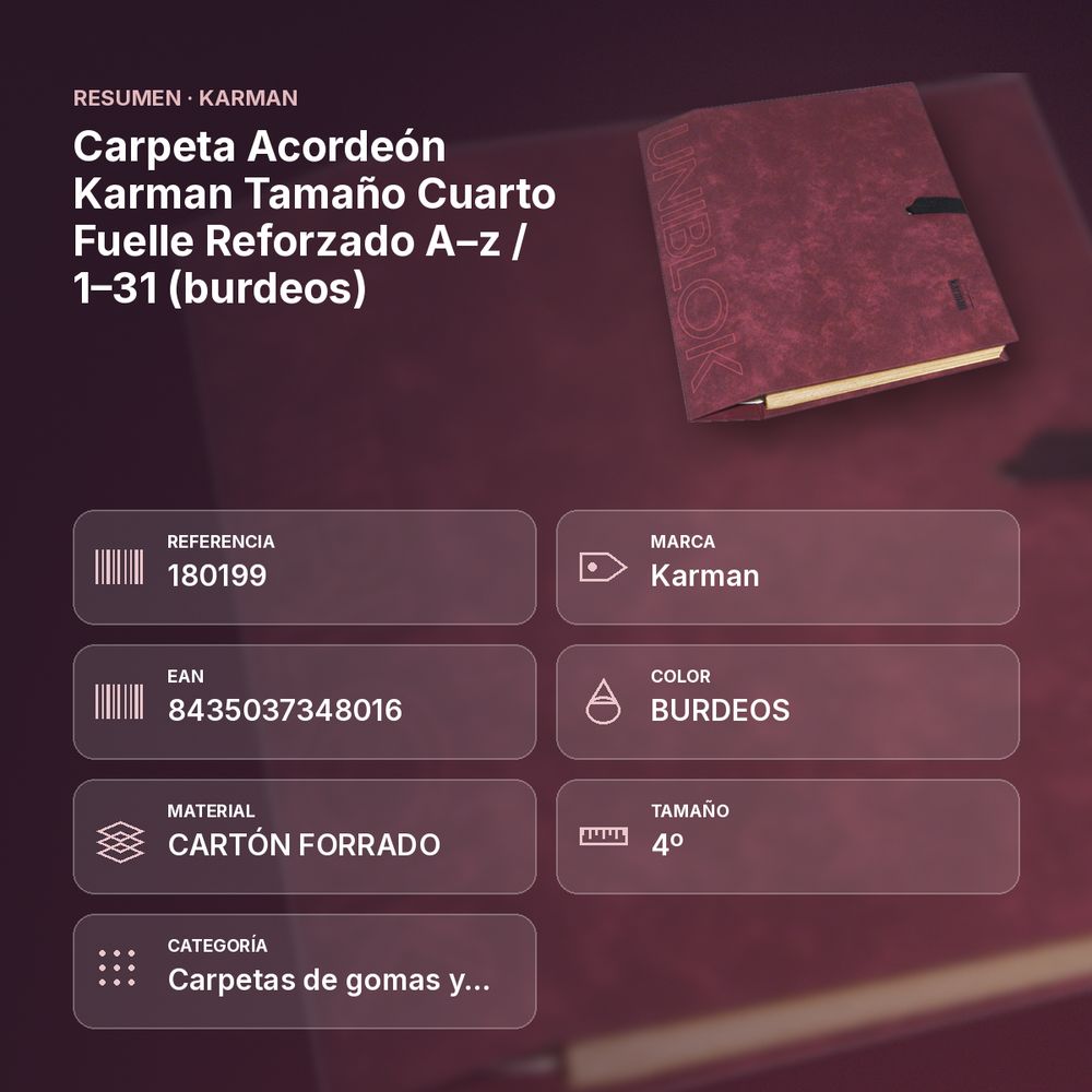 CARPETA ACORDEÓN KARMAN TAMAÑO CUARTO FUELLE REFORZADO A–Z / 1–31 (BURDEOS) - resumen de atributos