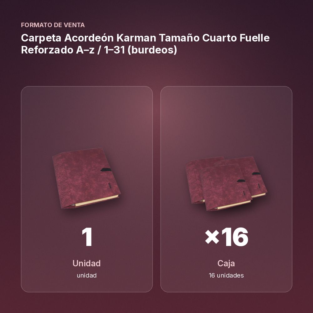 CARPETA ACORDEÓN KARMAN TAMAÑO CUARTO FUELLE REFORZADO A–Z / 1–31 (BURDEOS) - formato de venta: caja de 16