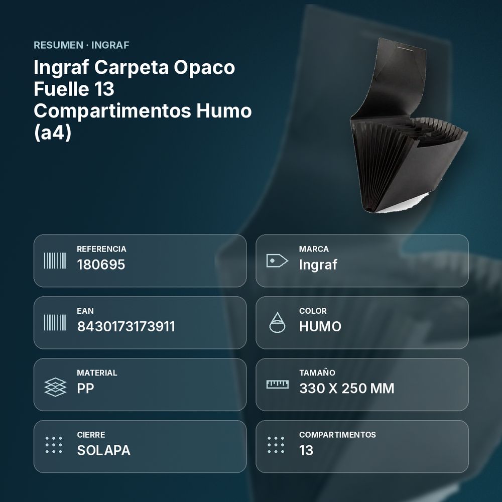 INGRAF CARPETA OPACO FUELLE 13 COMPARTIMENTOS HUMO (A4) - resumen de atributos