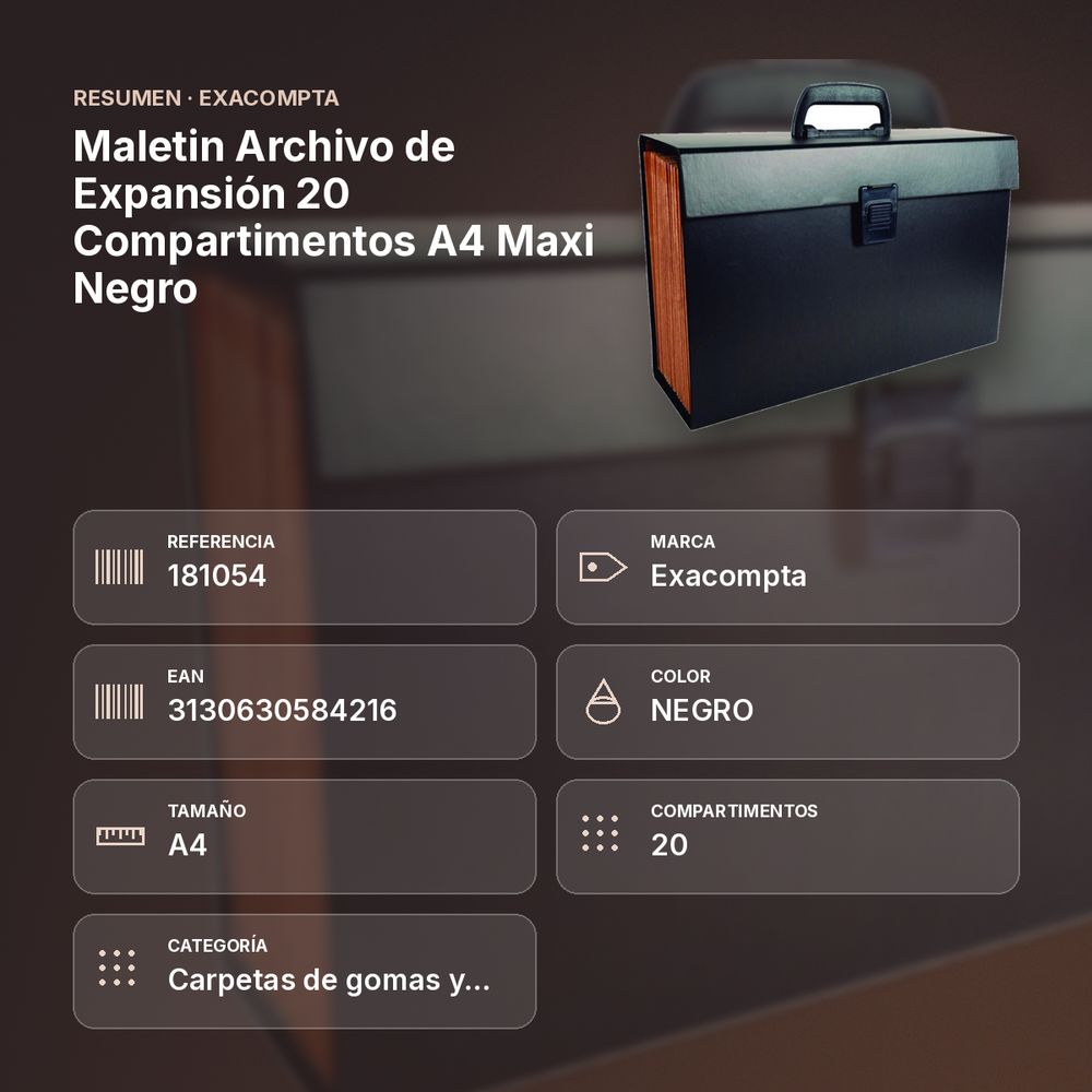 MALETIN ARCHIVO DE EXPANSIÓN 20 COMPARTIMENTOS A4 MAXI NEGRO - resumen de atributos