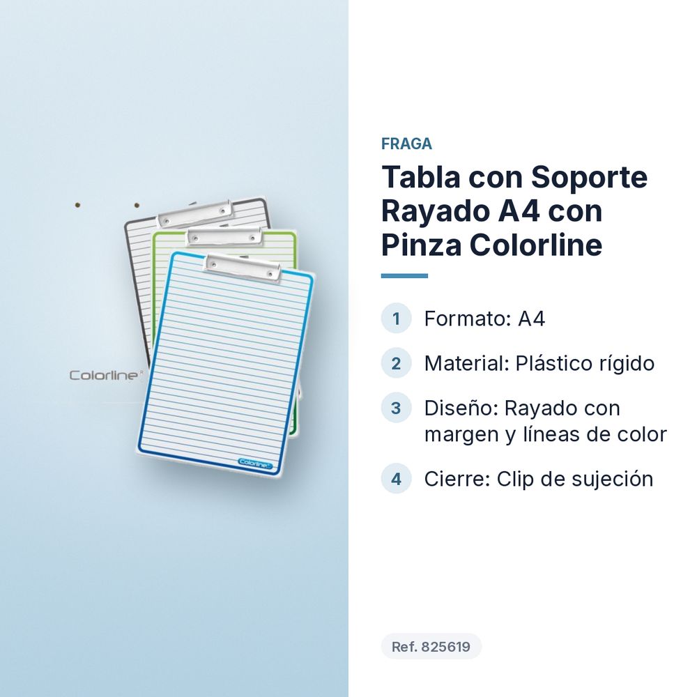 TABLA CON SOPORTE RAYADO A4 CON PINZA COLORLINE - características principales