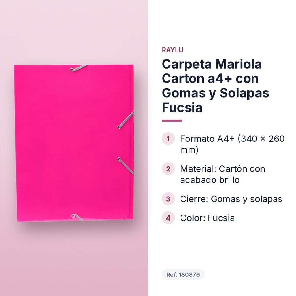 CARPETA MARIOLA CARTON A4+ CON GOMAS Y SOLAPAS FUCSIA  - características principales