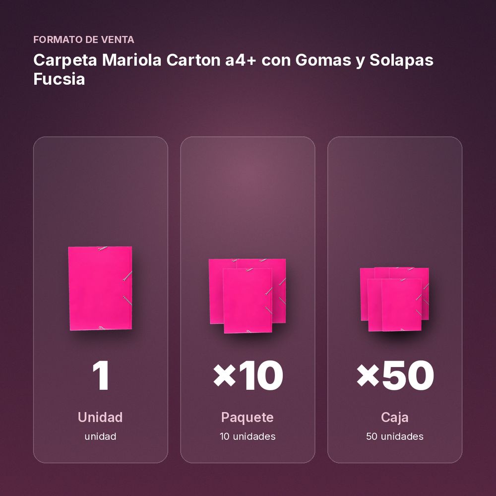 CARPETA MARIOLA CARTON A4+ CON GOMAS Y SOLAPAS FUCSIA  - formato de venta: paquete de 10, caja de 50