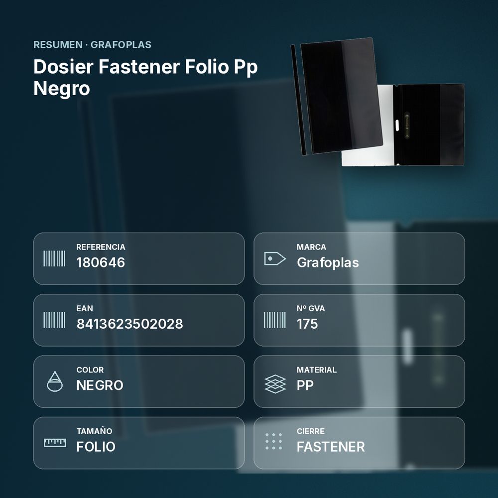 DOSIER FASTENER FOLIO PP NEGRO - resumen de atributos