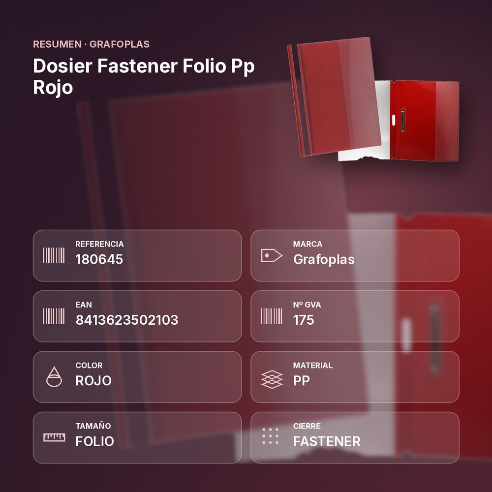 DOSIER FASTENER FOLIO PP ROJO - resumen de atributos