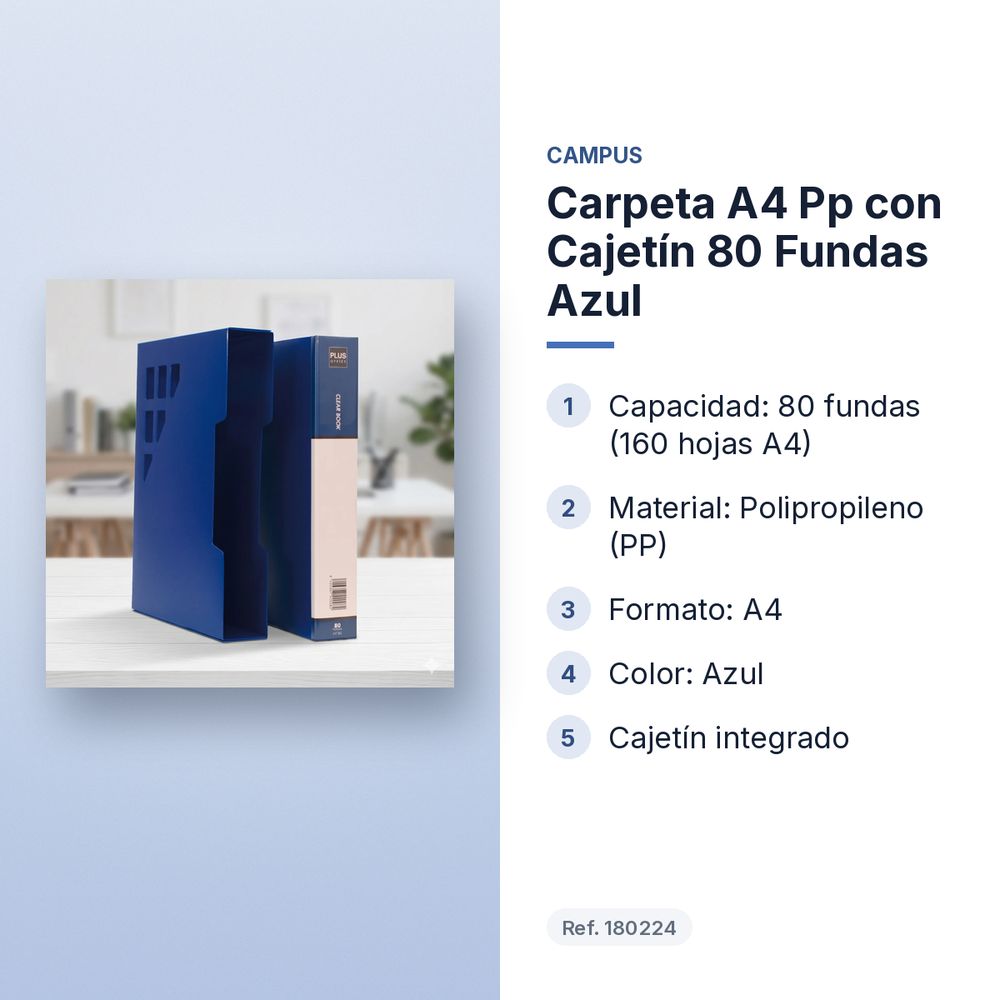 CARPETA A4 PP CON CAJETÍN 80 FUNDAS AZUL - características principales