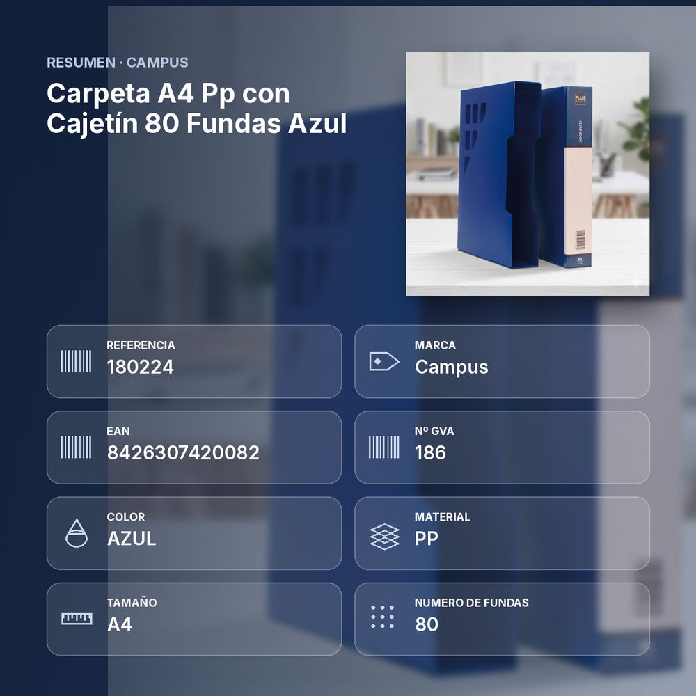 CARPETA A4 PP CON CAJETÍN 80 FUNDAS AZUL - resumen de atributos