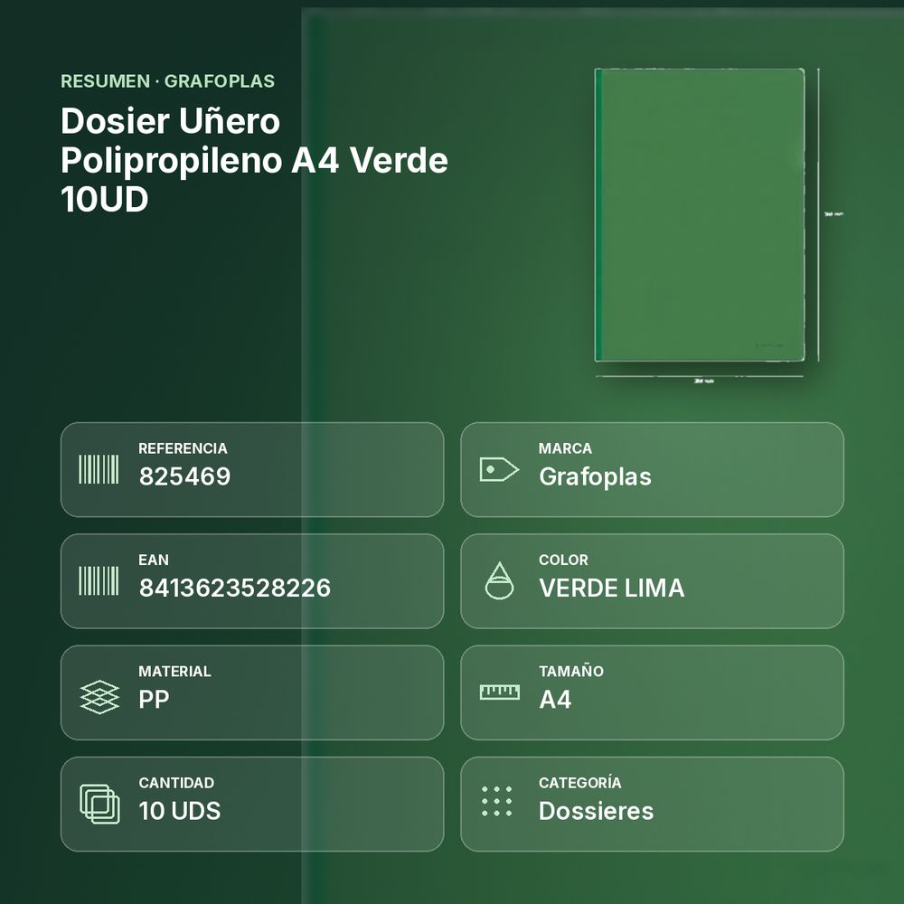 DOSIER UÑERO POLIPROPILENO A4 VERDE 10UD - resumen de atributos