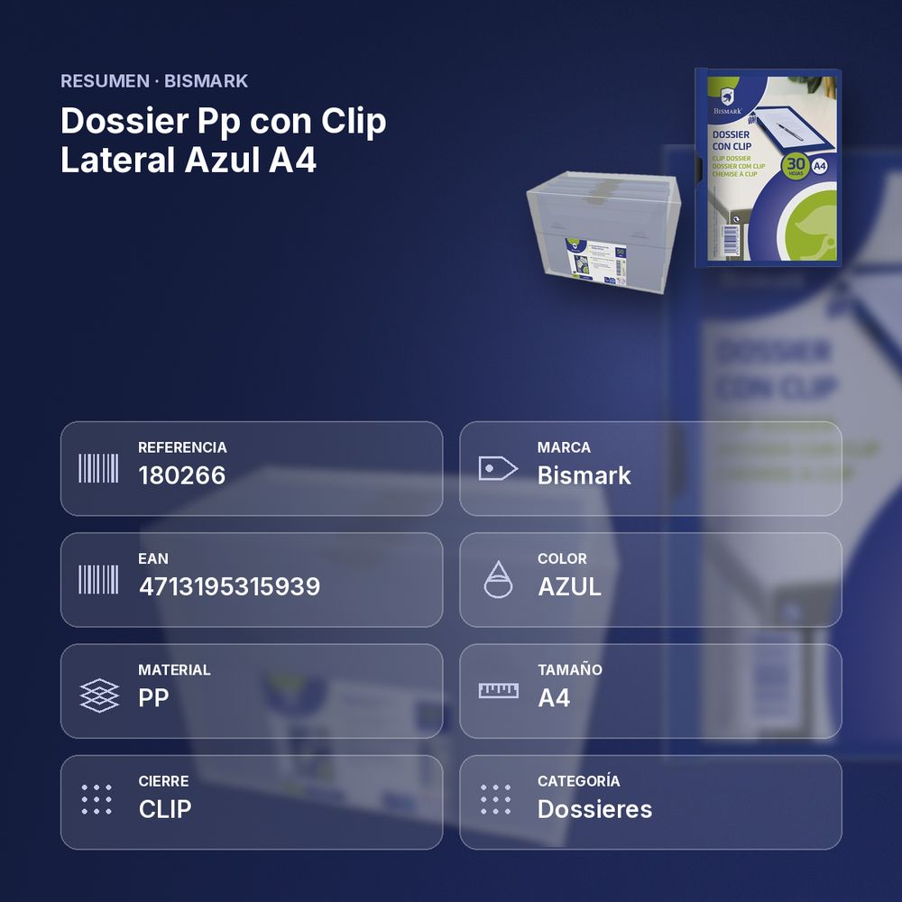 DOSSIER PP CON CLIP LATERAL AZUL A4 - resumen de atributos