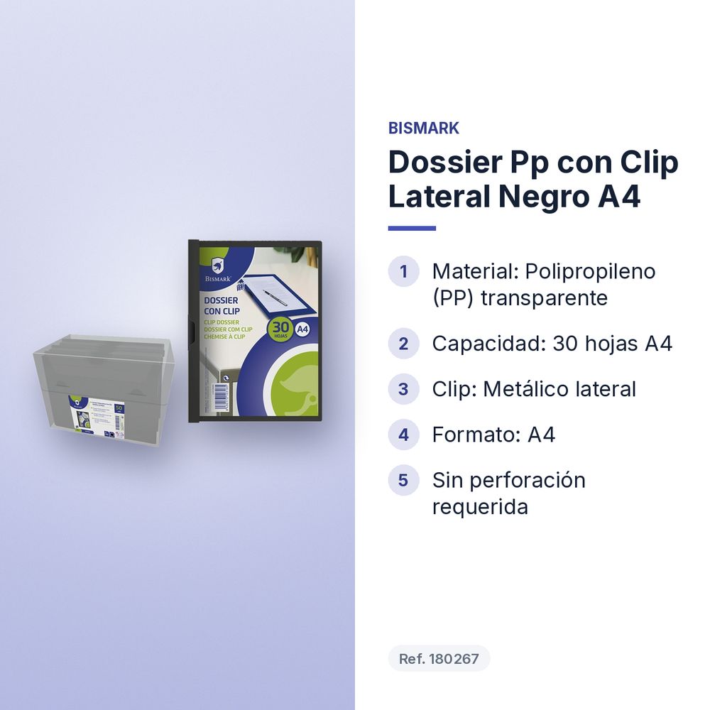 DOSSIER PP CON CLIP LATERAL NEGRO A4 - características principales