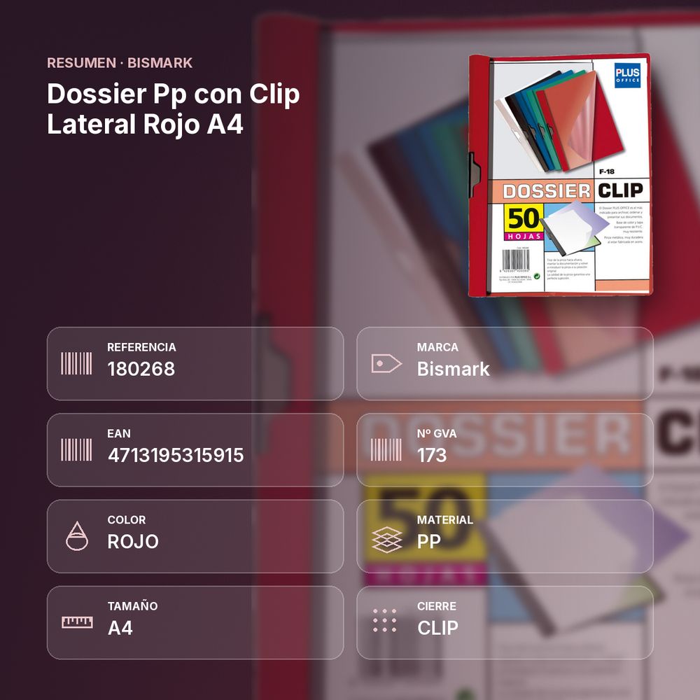DOSSIER PP CON CLIP LATERAL ROJO A4 - resumen de atributos