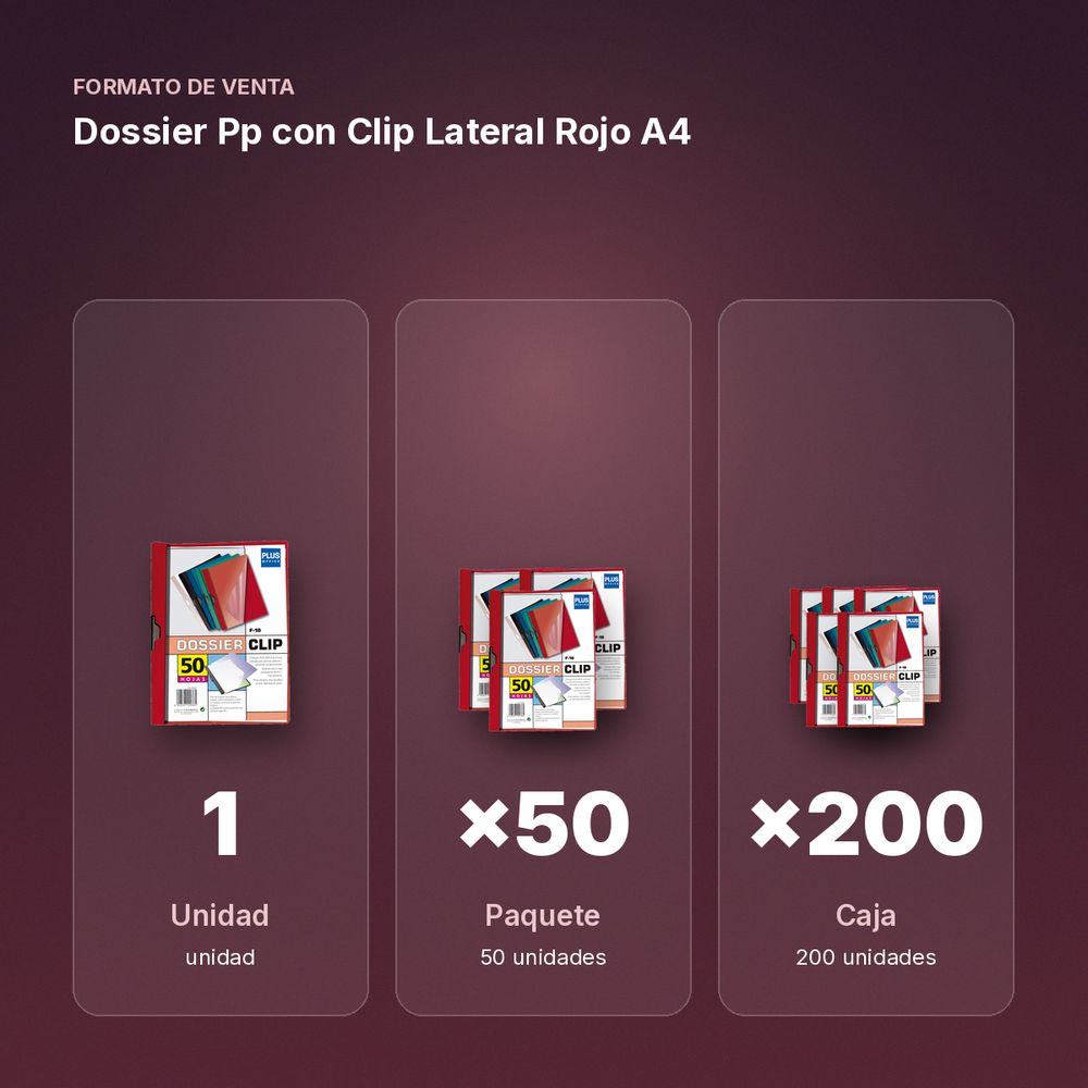 DOSSIER PP CON CLIP LATERAL ROJO A4 - formato de venta: paquete de 50, caja de 200