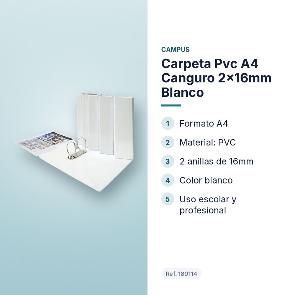 CARPETA PVC A4 CANGURO 2X16MM BLANCO - características principales