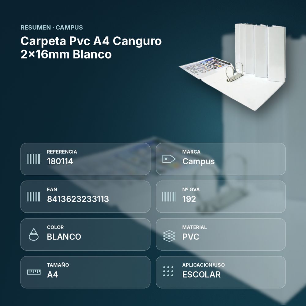 CARPETA PVC A4 CANGURO 2X16MM BLANCO - resumen de atributos