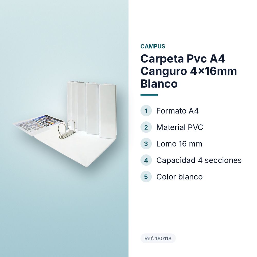 CARPETA PVC A4 CANGURO 4X16MM BLANCO - características principales