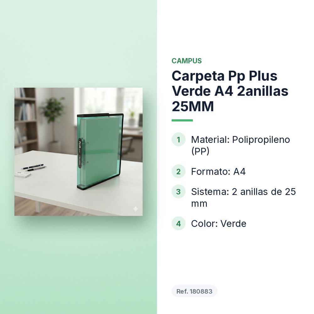CARPETA PP PLUS VERDE A4 2ANILLAS 25MM  - características principales