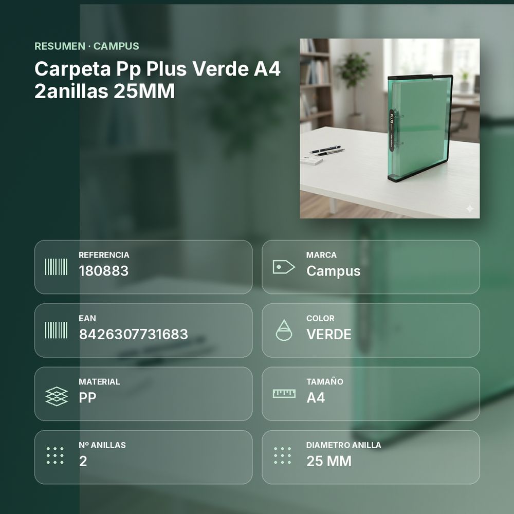 CARPETA PP PLUS VERDE A4 2ANILLAS 25MM  - resumen de atributos