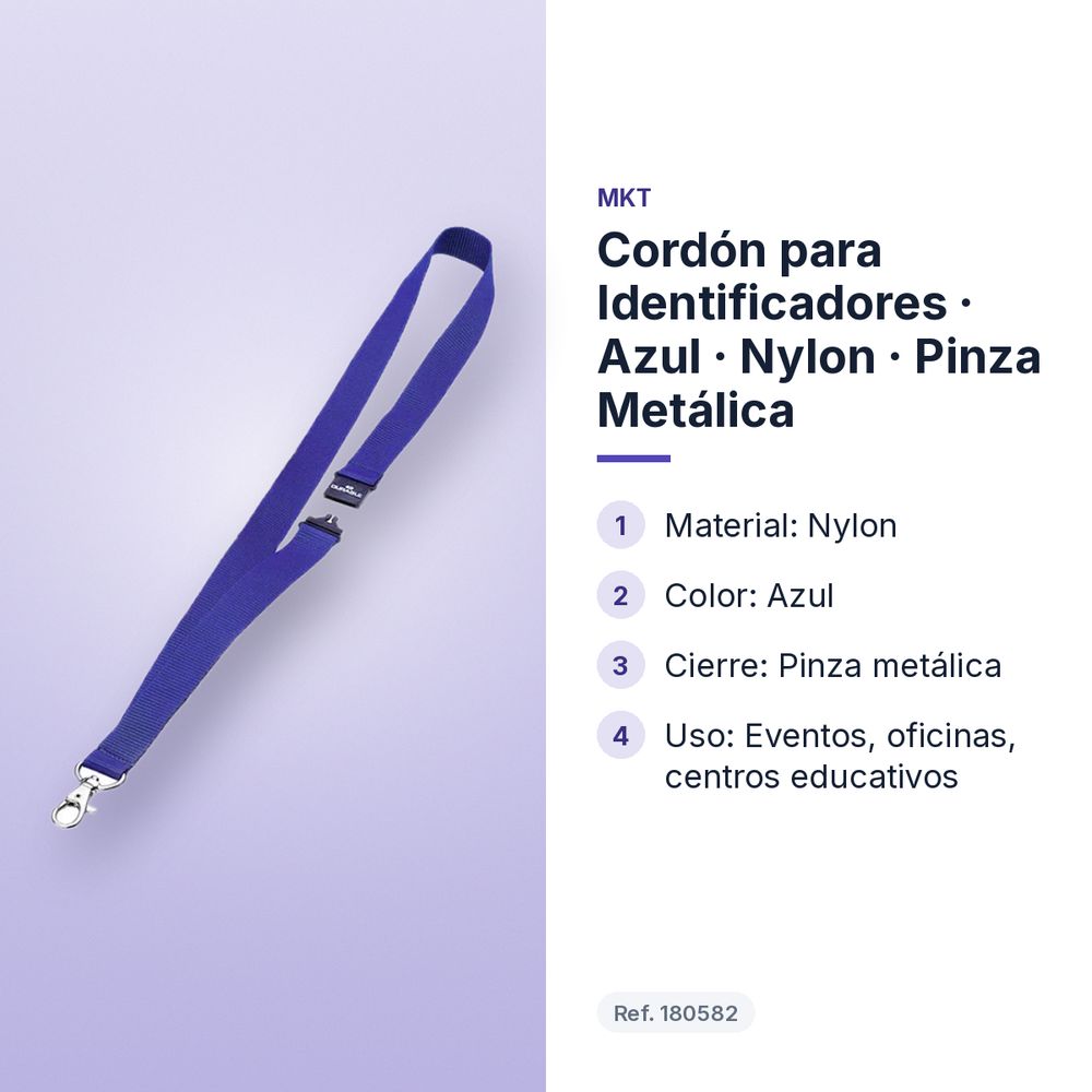 CORDÓN PARA IDENTIFICADORES  · AZUL · NYLON · PINZA METÁLICA - características principales