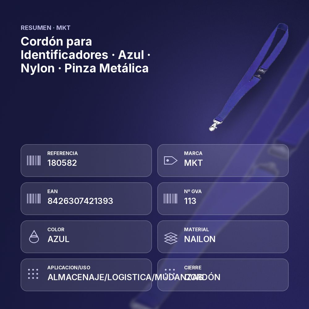 CORDÓN PARA IDENTIFICADORES  · AZUL · NYLON · PINZA METÁLICA - resumen de atributos