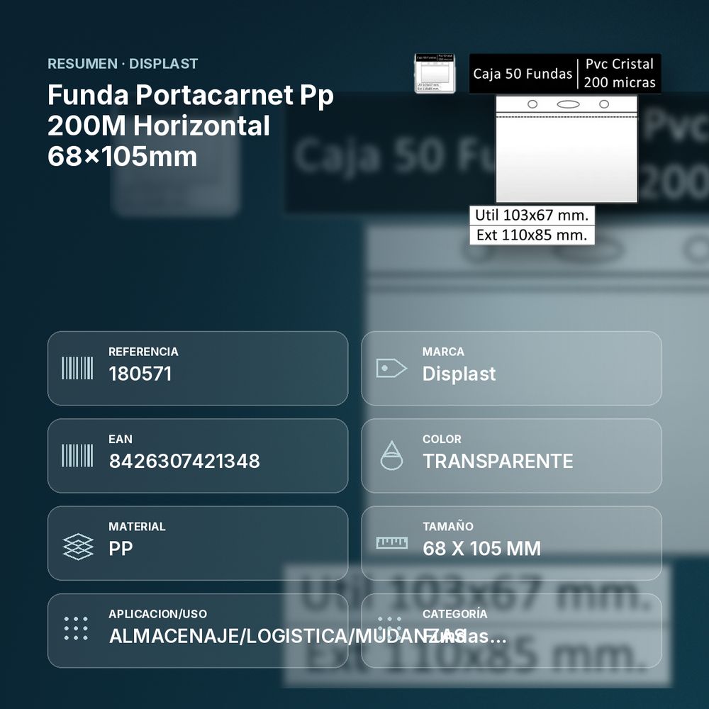 FUNDA PORTACARNET PP 200M HORIZONTAL 68X105MM - resumen de atributos