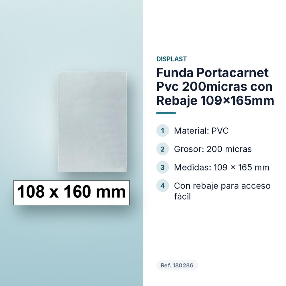 FUNDA PORTACARNET  PVC 200MICRAS CON REBAJE 109X165MM - características principales