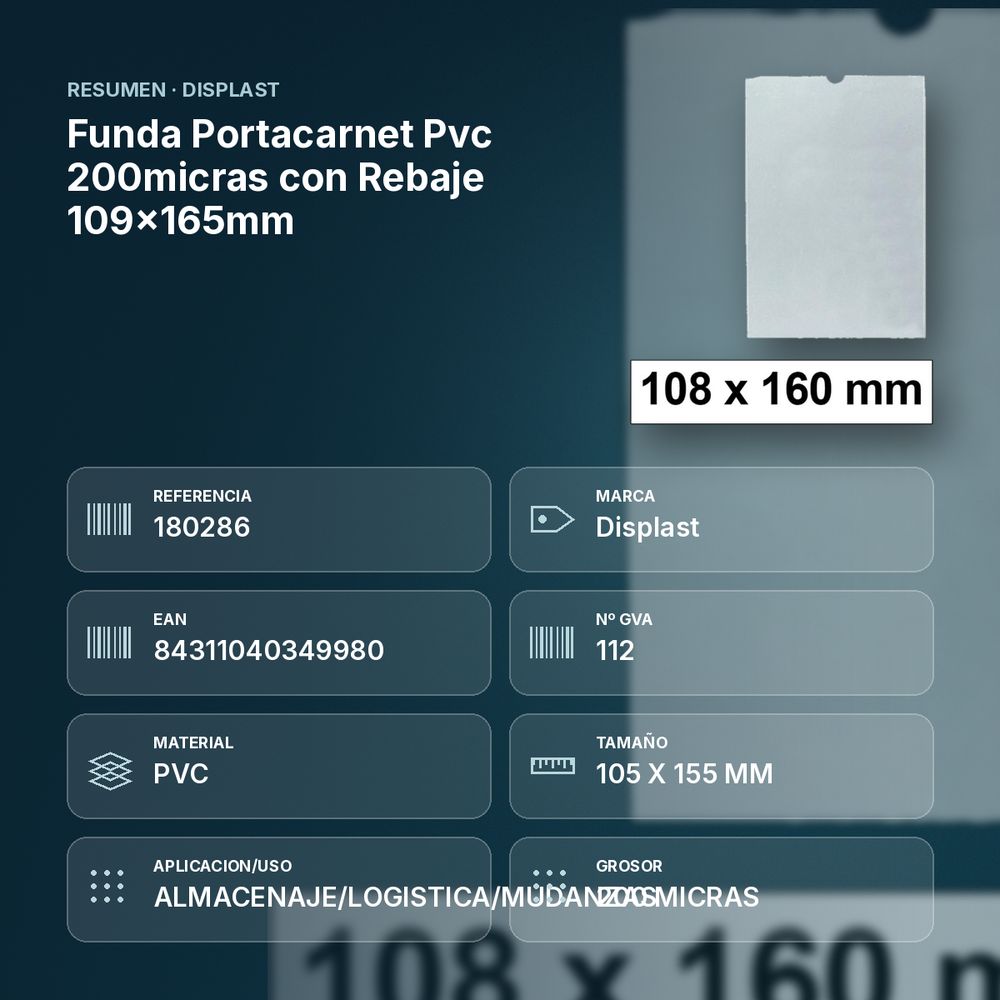 FUNDA PORTACARNET  PVC 200MICRAS CON REBAJE 109X165MM - resumen de atributos