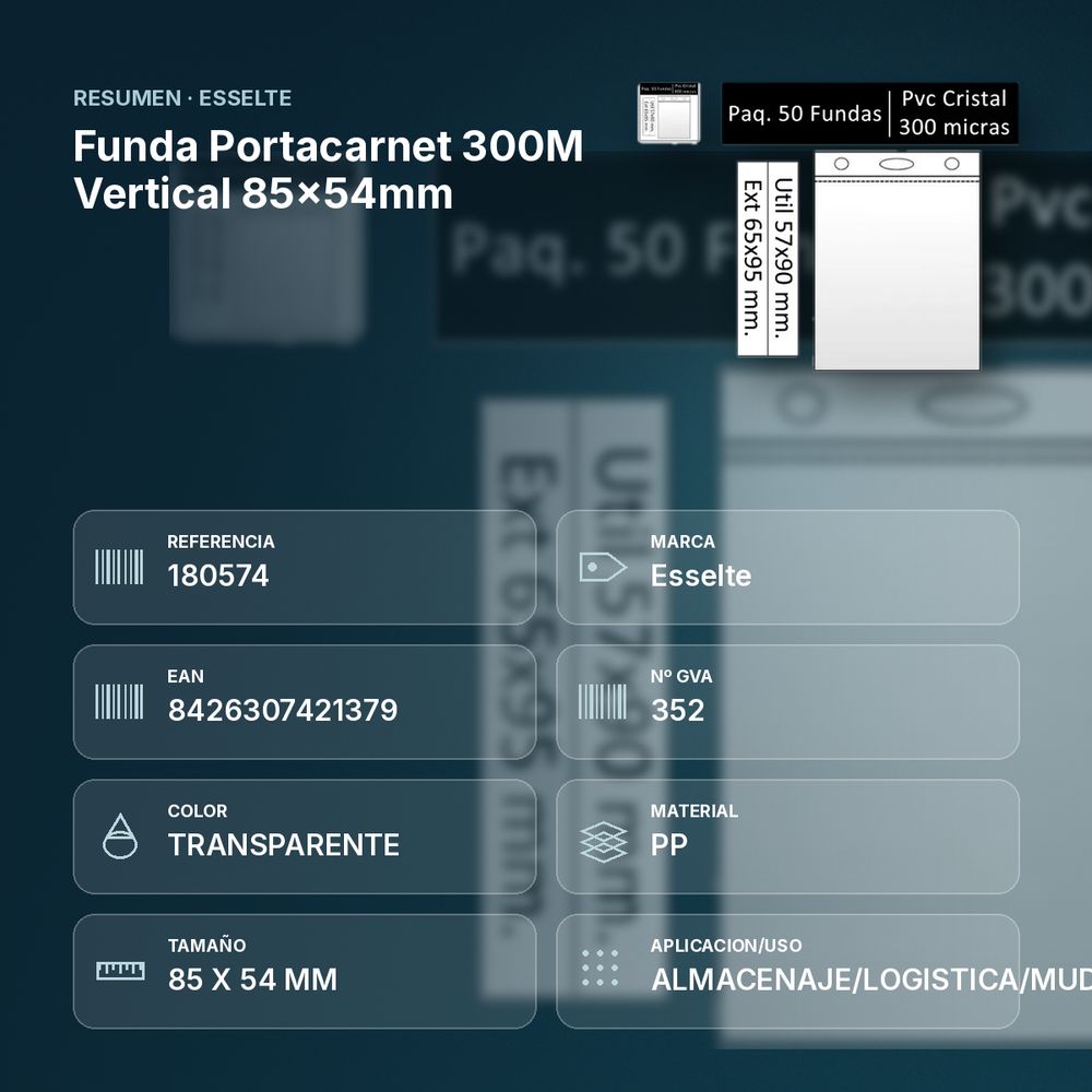 FUNDA PORTACARNET 300M VERTICAL 85X54MM - resumen de atributos