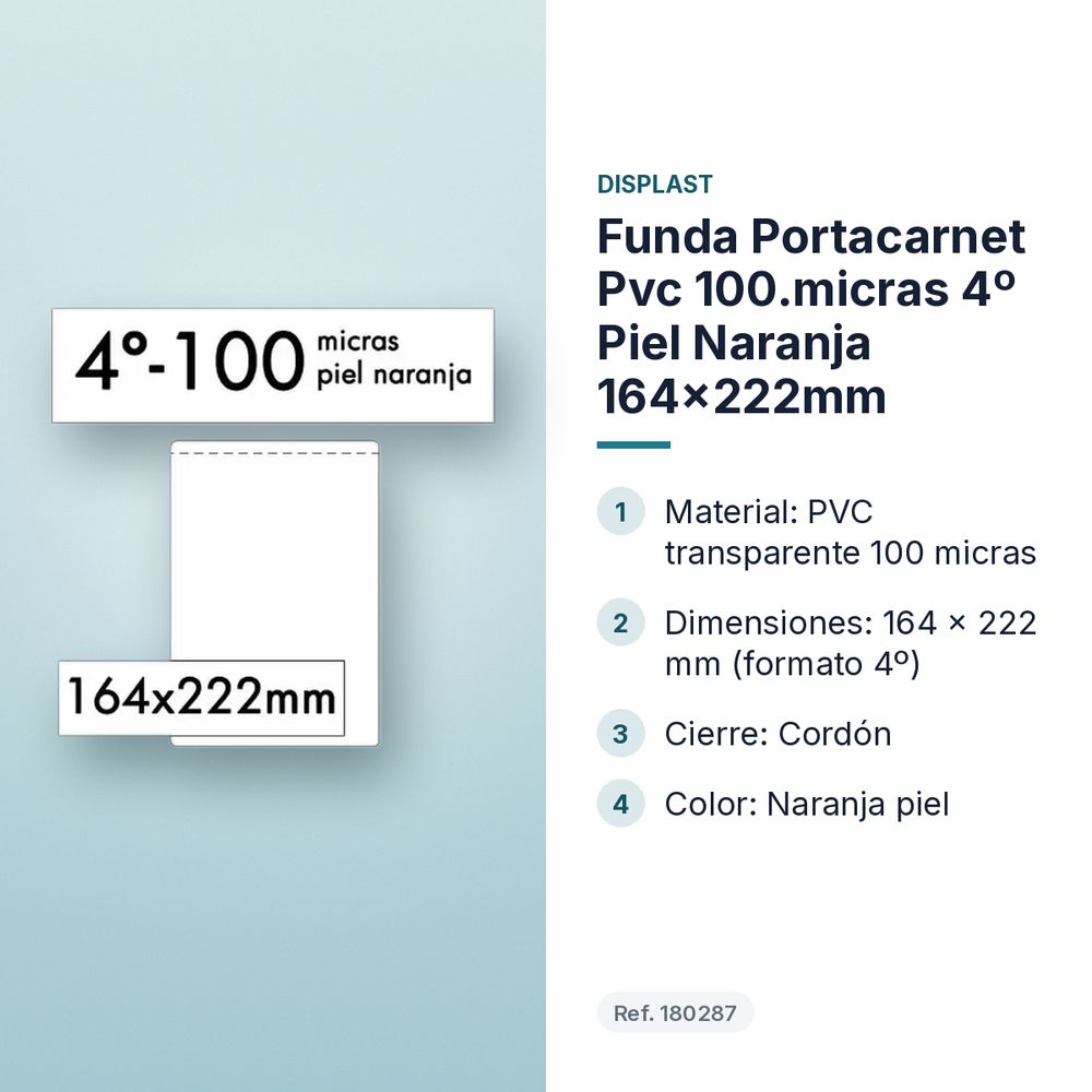 FUNDA PORTACARNET PVC 100.MICRAS 4º PIEL NARANJA 164X222MM - características principales