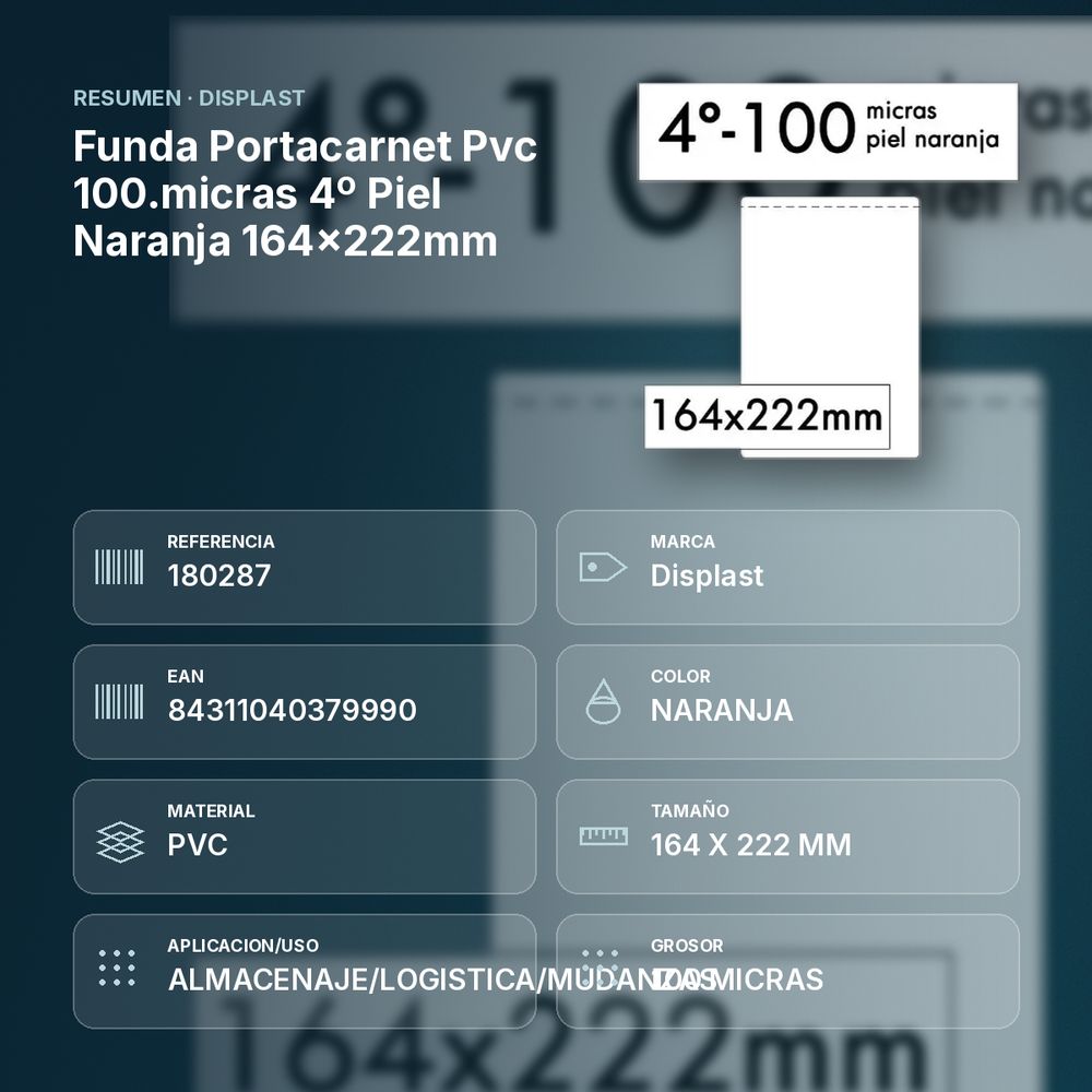FUNDA PORTACARNET PVC 100.MICRAS 4º PIEL NARANJA 164X222MM - resumen de atributos
