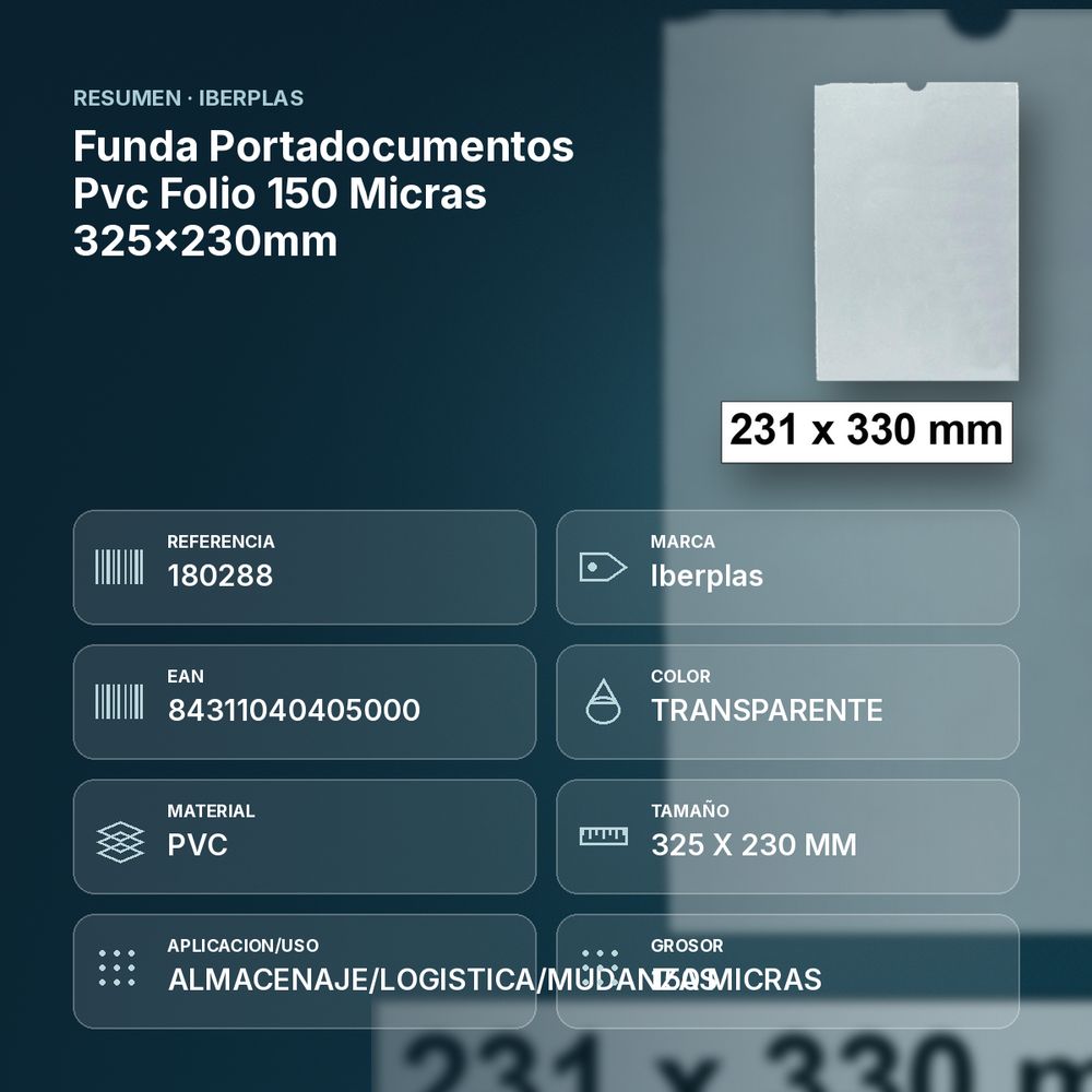 FUNDA PORTADOCUMENTOS PVC FOLIO 150 MICRAS 325X230MM - resumen de atributos