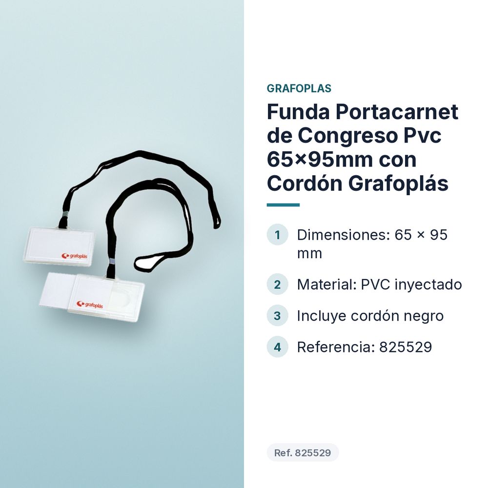 FUNDA PORTACARNET DE CONGRESO PVC 65×95MM CON CORDÓN GRAFOPLÁS - características principales