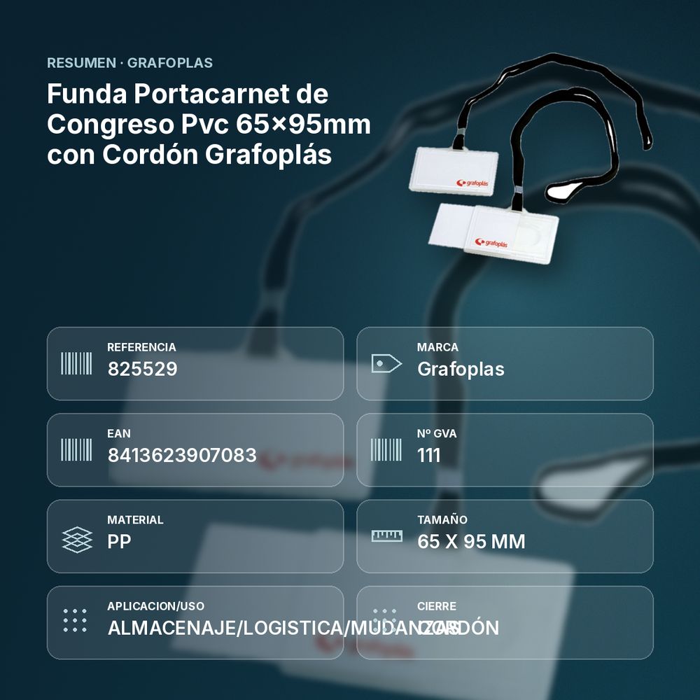 FUNDA PORTACARNET DE CONGRESO PVC 65×95MM CON CORDÓN GRAFOPLÁS - resumen de atributos
