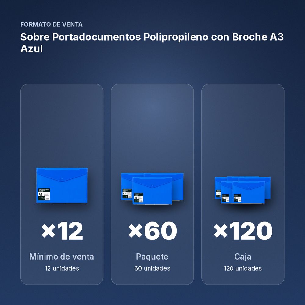 SOBRE PORTADOCUMENTOS POLIPROPILENO CON BROCHE A3 AZUL  - formato de venta: paquete de 60, caja de 120