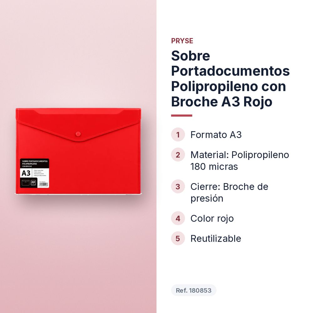 SOBRE PORTADOCUMENTOS POLIPROPILENO CON BROCHE A3 ROJO  - características principales
