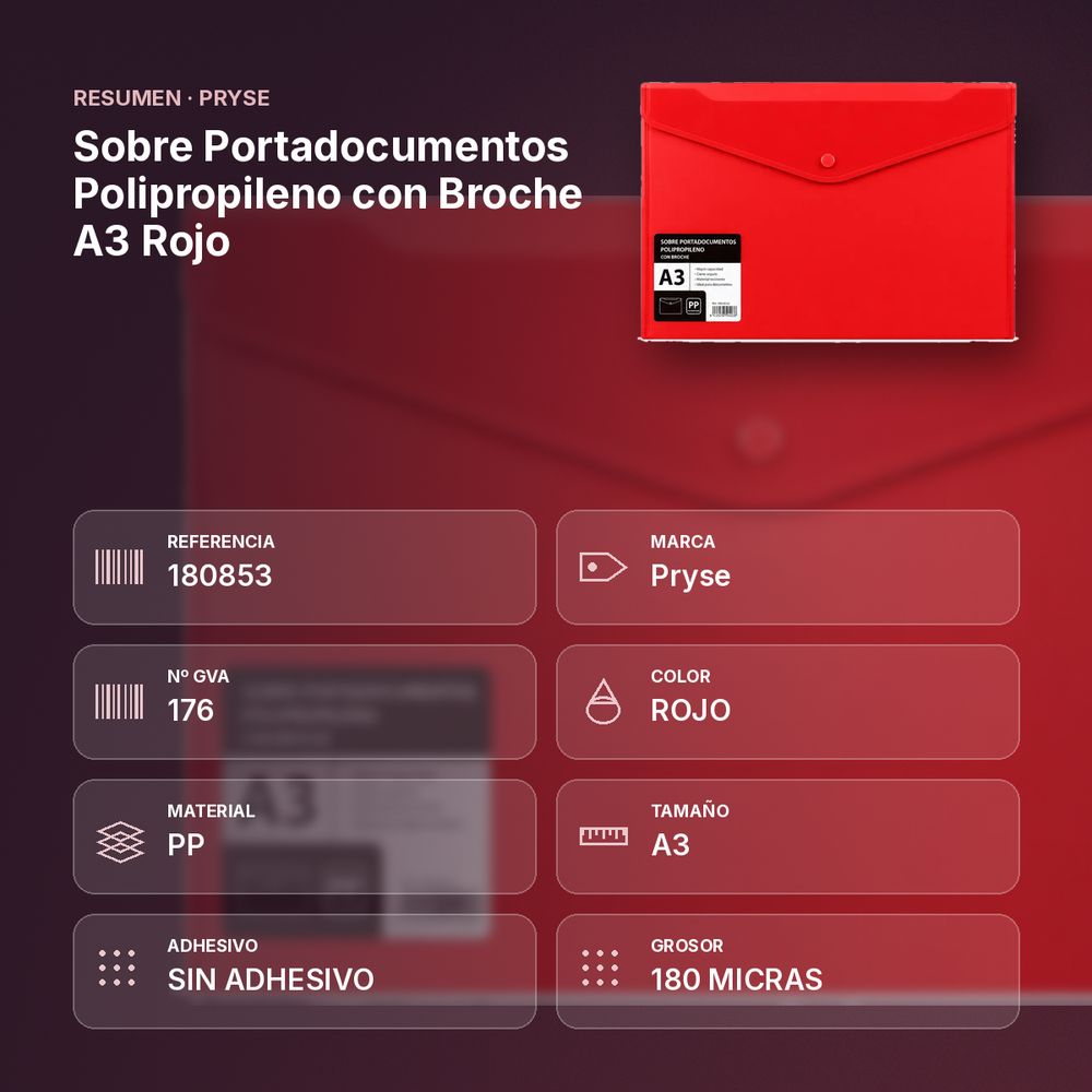 SOBRE PORTADOCUMENTOS POLIPROPILENO CON BROCHE A3 ROJO  - resumen de atributos