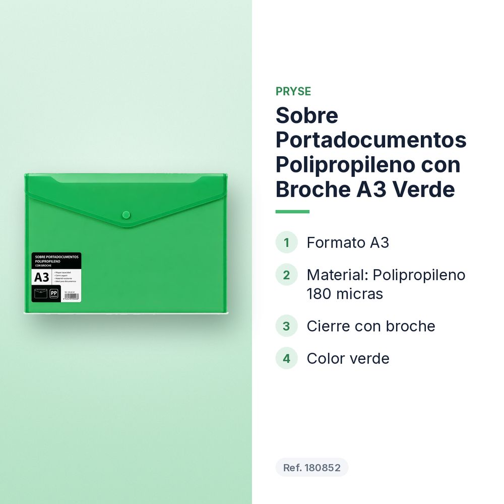SOBRE PORTADOCUMENTOS POLIPROPILENO CON BROCHE A3 VERDE  - características principales