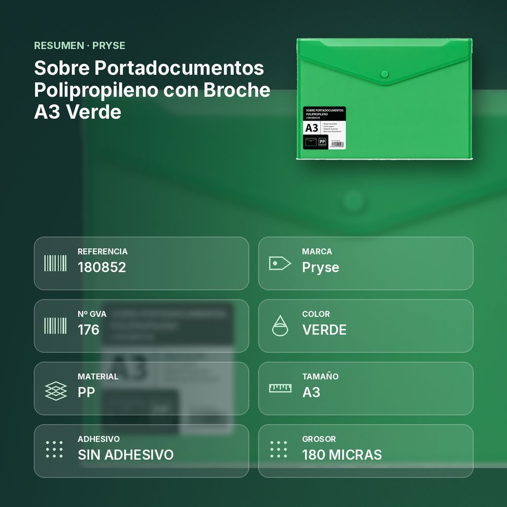 SOBRE PORTADOCUMENTOS POLIPROPILENO CON BROCHE A3 VERDE  - resumen de atributos