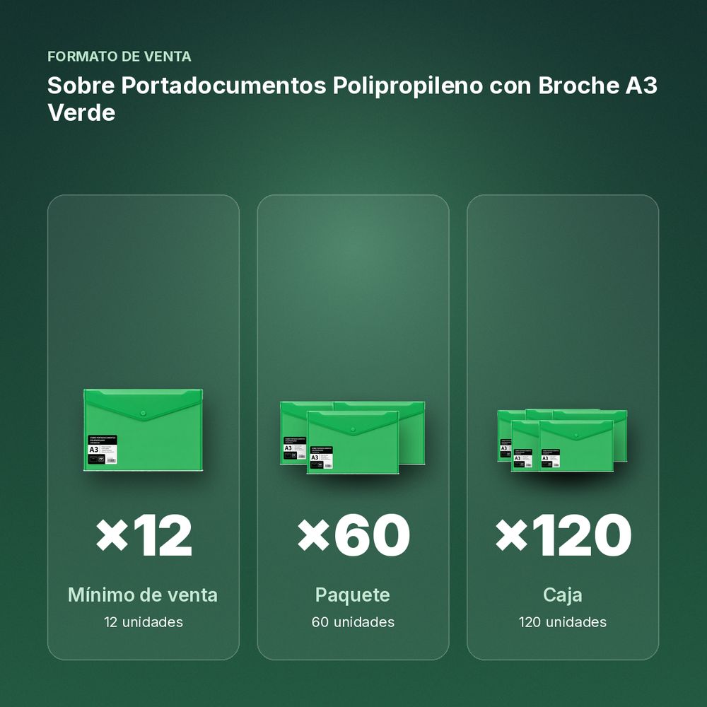 SOBRE PORTADOCUMENTOS POLIPROPILENO CON BROCHE A3 VERDE  - formato de venta: paquete de 60, caja de 120