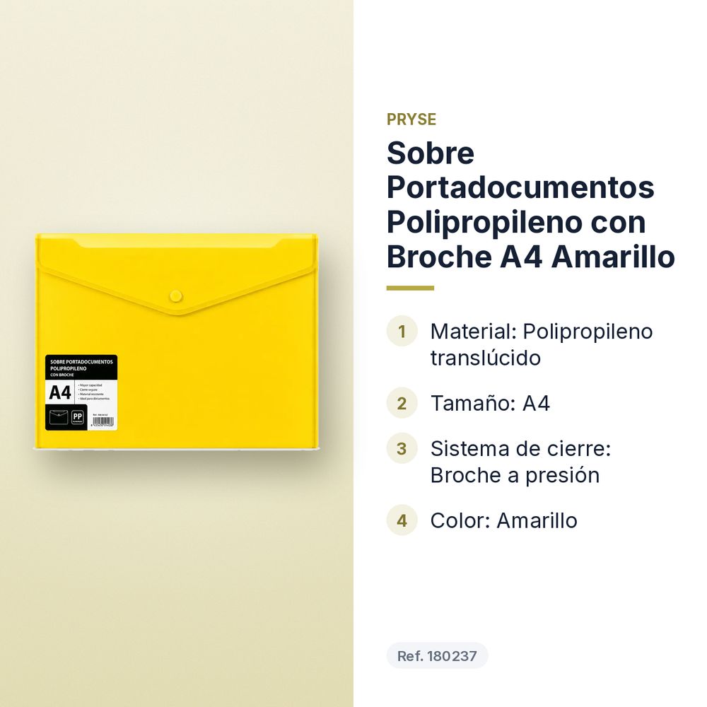 SOBRE PORTADOCUMENTOS POLIPROPILENO CON BROCHE A4 AMARILLO - características principales