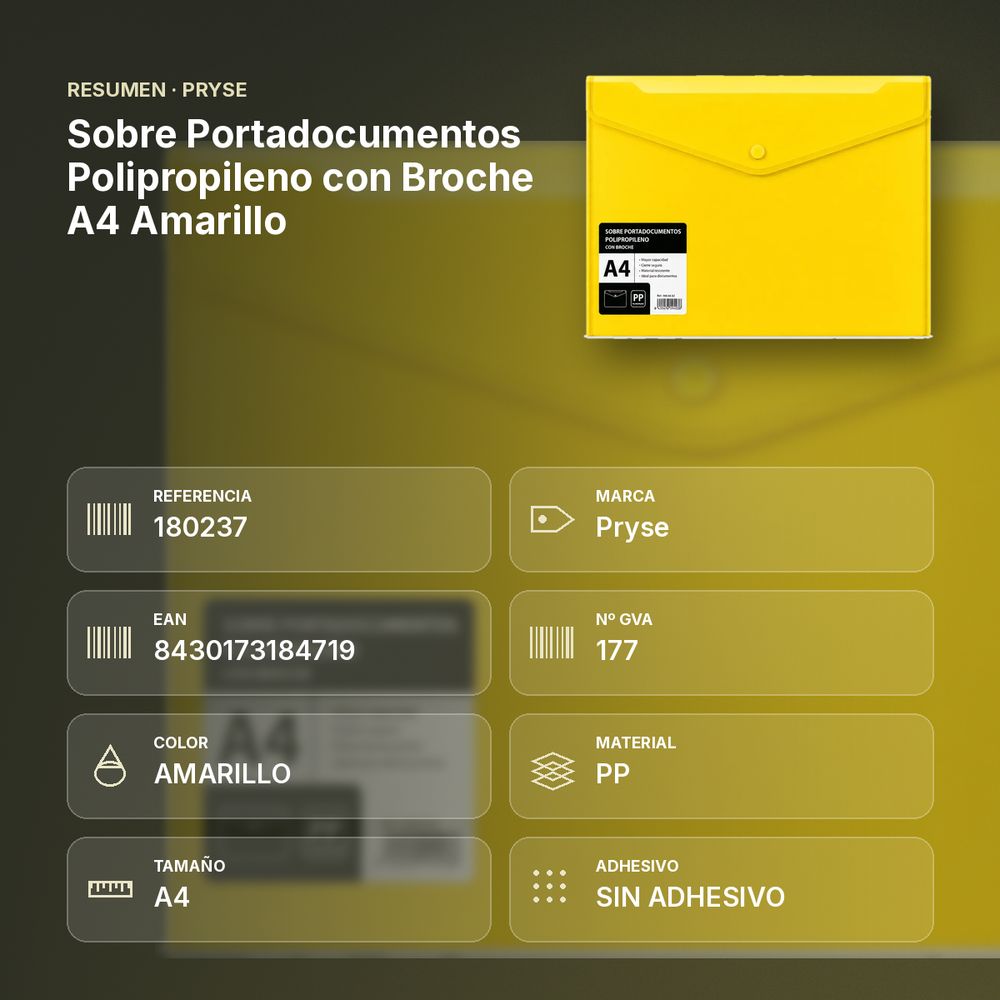 SOBRE PORTADOCUMENTOS POLIPROPILENO CON BROCHE A4 AMARILLO - resumen de atributos