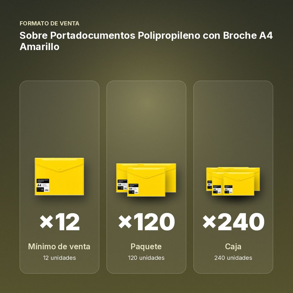 SOBRE PORTADOCUMENTOS POLIPROPILENO CON BROCHE A4 AMARILLO - formato de venta: paquete de 120, caja de 240