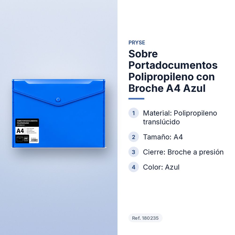 SOBRE PORTADOCUMENTOS POLIPROPILENO CON BROCHE A4 AZUL  - características principales
