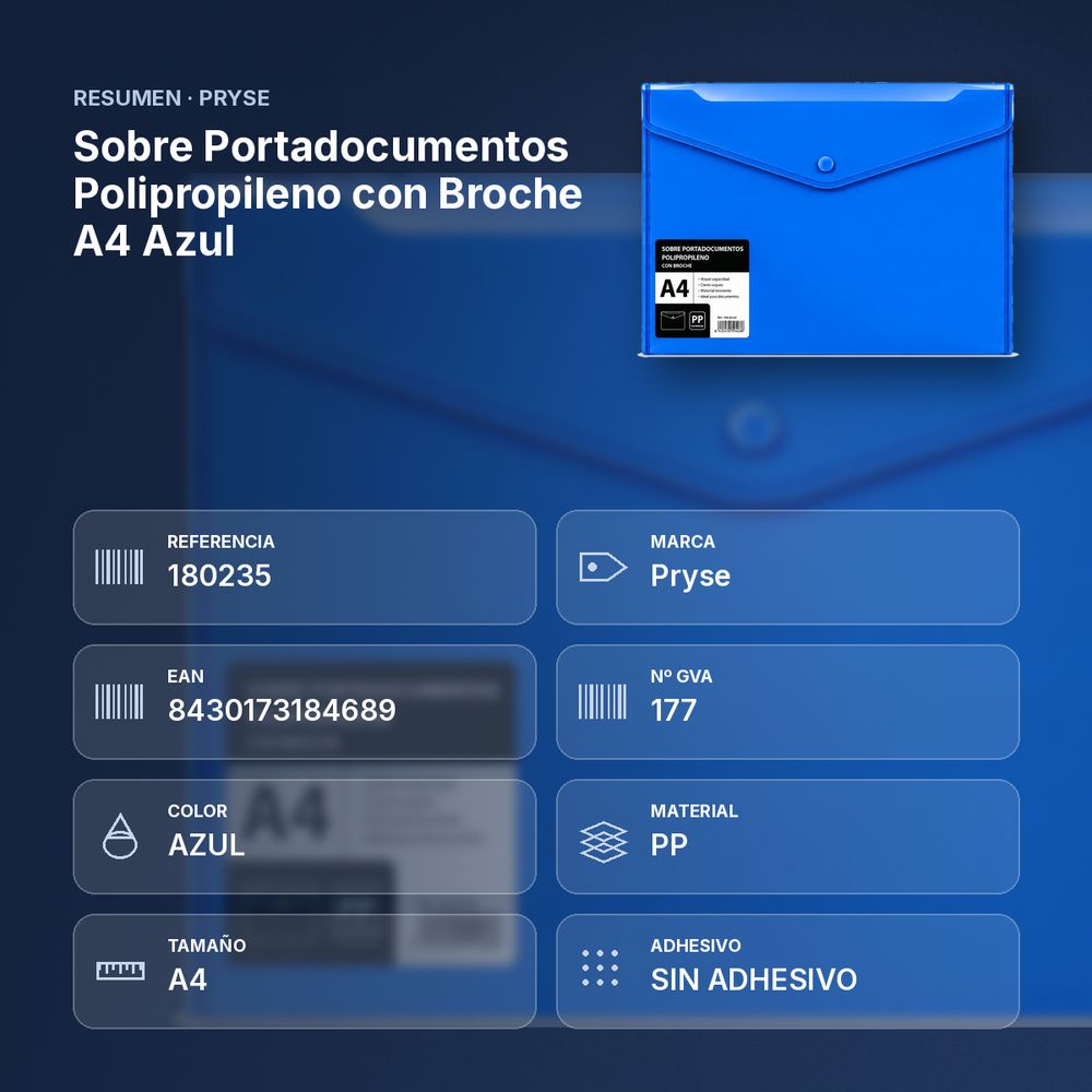 SOBRE PORTADOCUMENTOS POLIPROPILENO CON BROCHE A4 AZUL  - resumen de atributos