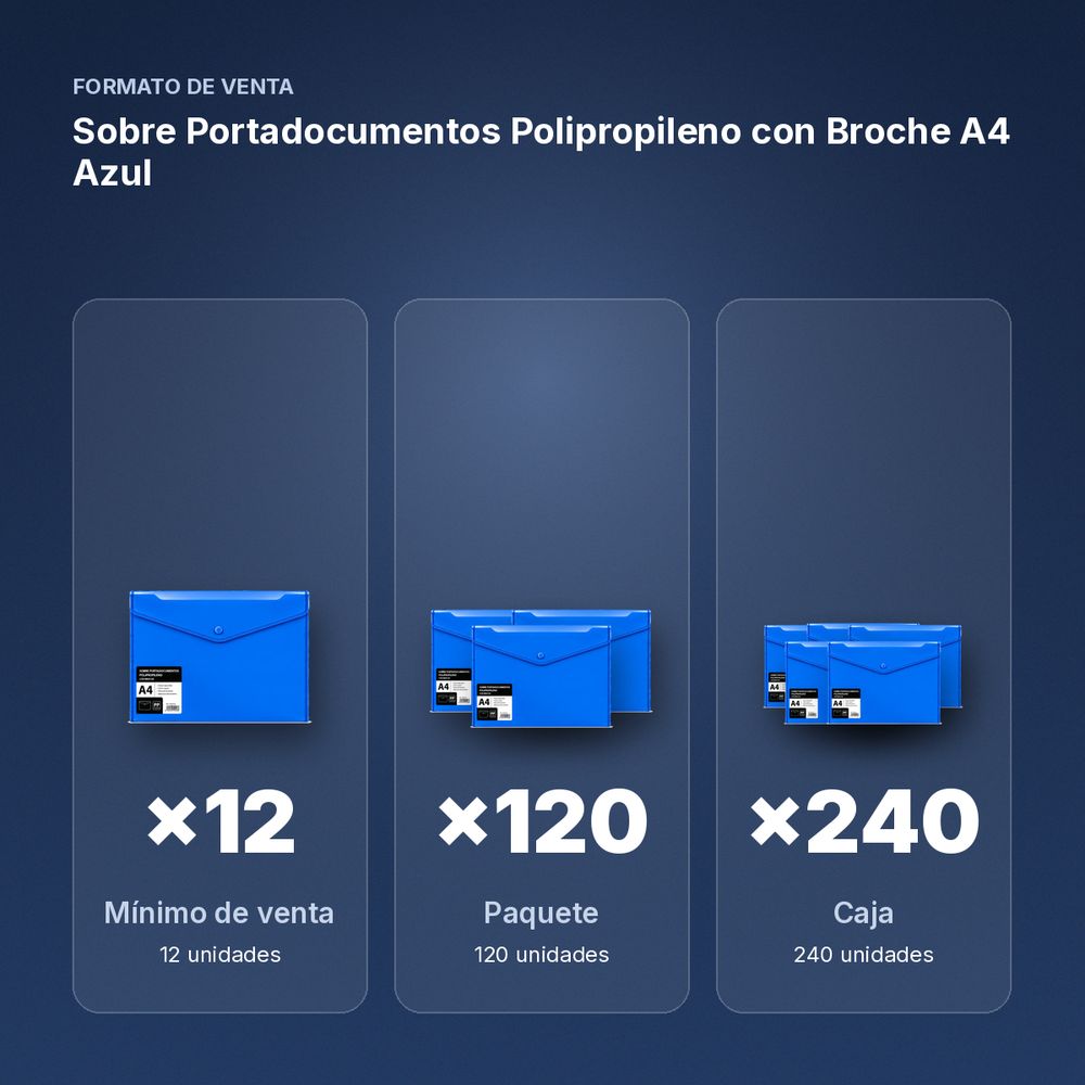 SOBRE PORTADOCUMENTOS POLIPROPILENO CON BROCHE A4 AZUL  - formato de venta: paquete de 120, caja de 240