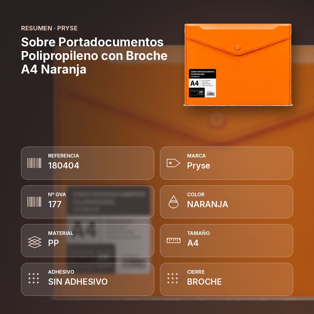 SOBRE PORTADOCUMENTOS POLIPROPILENO CON BROCHE A4 NARANJA - resumen de atributos
