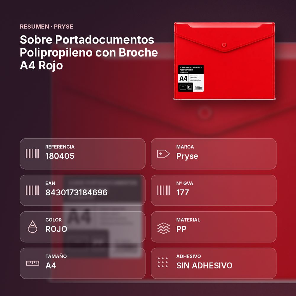 SOBRE PORTADOCUMENTOS POLIPROPILENO CON BROCHE A4 ROJO  - resumen de atributos