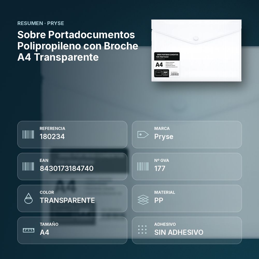 SOBRE PORTADOCUMENTOS POLIPROPILENO CON BROCHE A4 TRANSPARENTE  - resumen de atributos