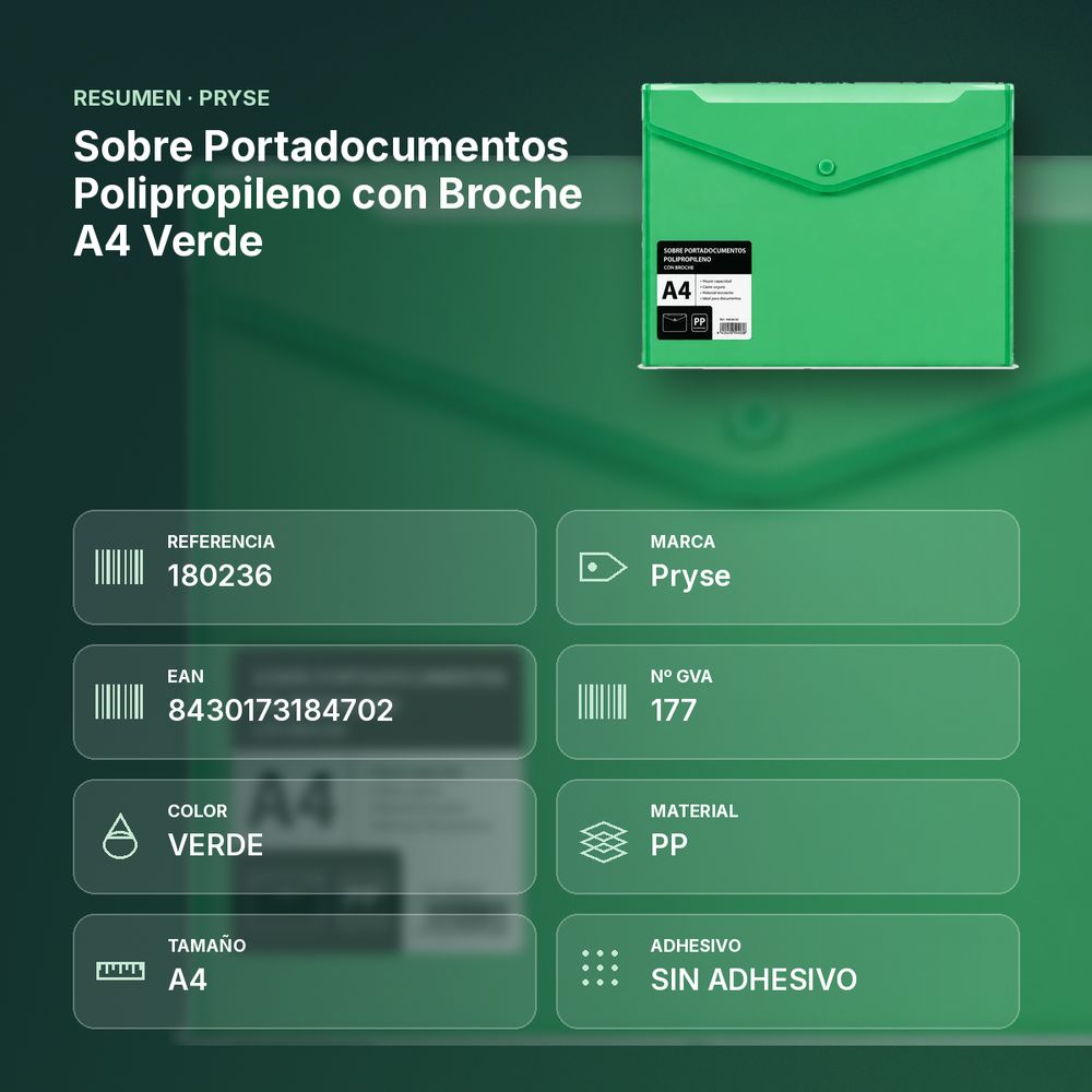 SOBRE PORTADOCUMENTOS POLIPROPILENO CON BROCHE A4 VERDE - resumen de atributos