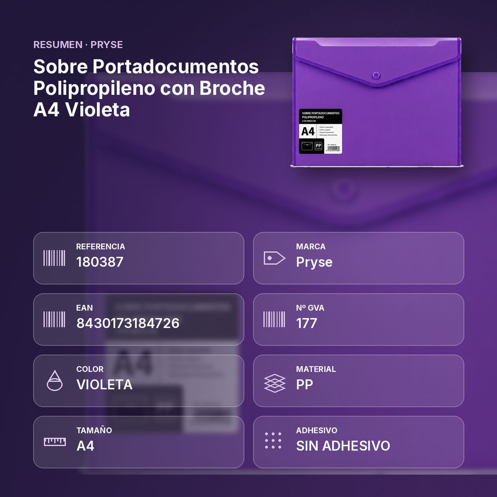 SOBRE PORTADOCUMENTOS POLIPROPILENO CON BROCHE A4 VIOLETA  - resumen de atributos